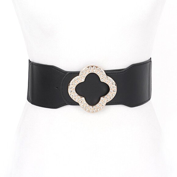 BNWT Plus Size XL Crystal Clover Buckle Elastic Wide Belt Fashion Stretch Belt - Picture 1 of 5